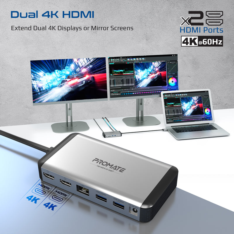 Promate 13-in-1 MacBook Docking station with 150W Power Adapter & 4K@60Hz MST Dual Display (VersaHub-MST)