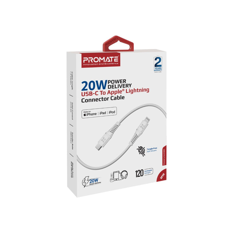Promate 20W Power Delivery USB-C To Apple® Lightning Connector Cable (PowerLine-Ci120-WHITE)