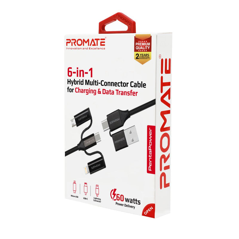 Promate 6-in-1 Hybrid Multi-Connector cable for Charging & Data Transfer (PentaPower.BLACK)