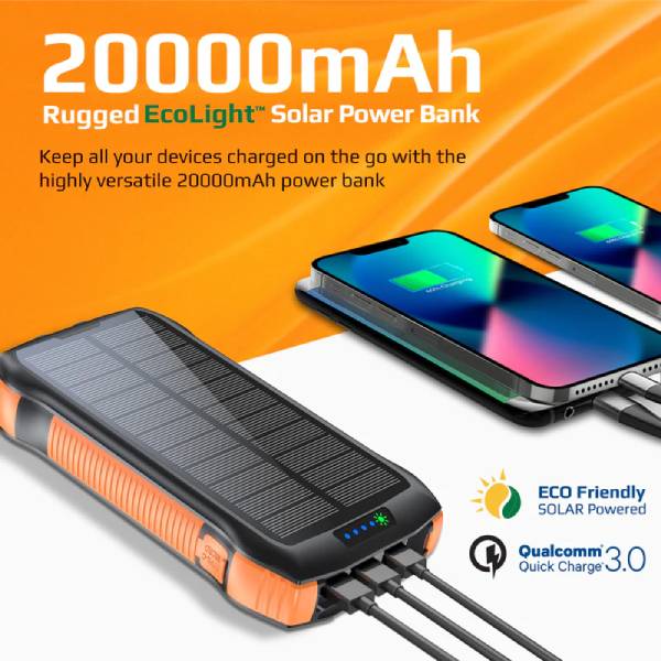 Promate SolarTank-20PDQi 20000mAh Rugged EcoLight™ Solar Power Bank