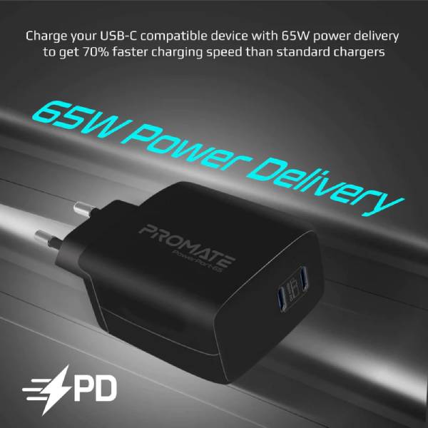 Promate 65W Super Speed GaNFast® Charging Adapter with Dual USB Ports (PowerPort-65)