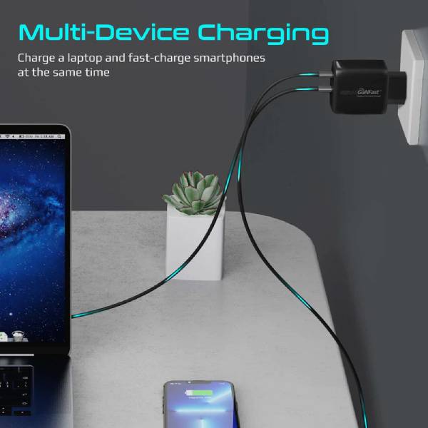 Promate 65W Super Speed GaNFast® Charging Adapter with Dual USB Ports (PowerPort-65)