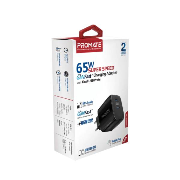 Promate 65W Super Speed GaNFast® Charging Adapter with Dual USB Ports (PowerPort-65)