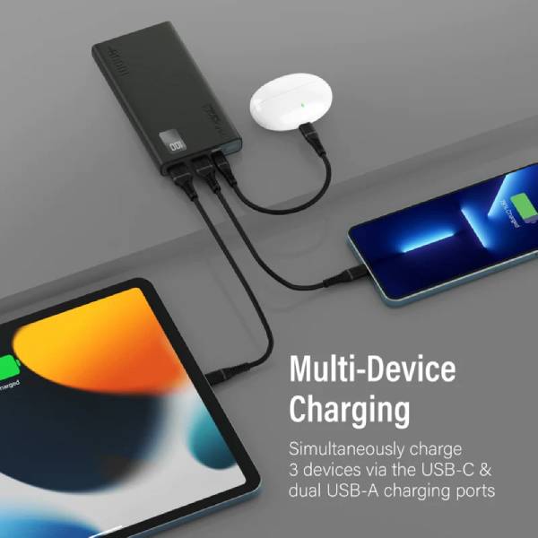 Promate Bolt-10PRO.BLACK 10000mAh Compact Smart Charging Power Bank with Dual USB-A & USB-C Output