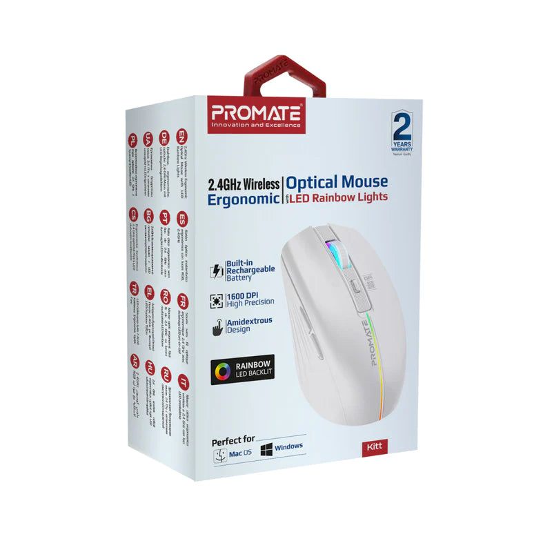 Promate 2.4GHz Wireless Ergonomic Optical Mouse with LED Rainbow Lights Kitt.White