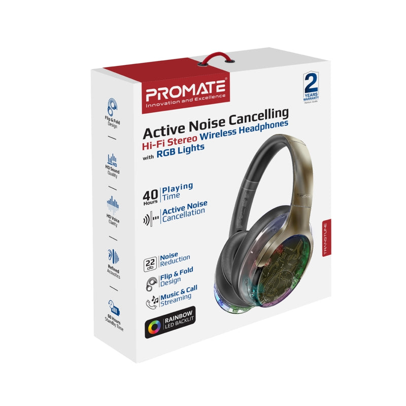 Promate Active Noise Cancelling Hi-Fi Stereo Wireless Headphones with RGB Lights (TRANSTUNE.GUNMETAL)
