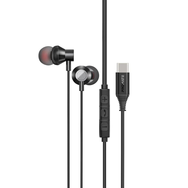 Promate Ergonomic In-Ear USB-C Wired Stereo Earphones (SILKEN-C.BLACK)