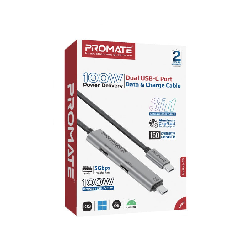 Promate 100W Power Delivery Dual USB-C Port Data and Charge Cablet (PortLink-C3.Black)