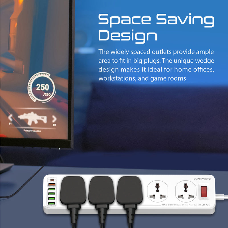 Promate 10AC Socket Space Efficient Power Strip with USB Ports POWERMATRIX-5M.UK