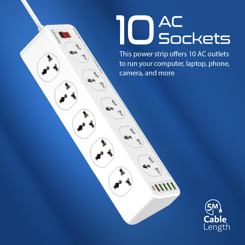 Promate 10AC Socket Space Efficient Power Strip with USB Ports POWERMATRIX-5M.UK