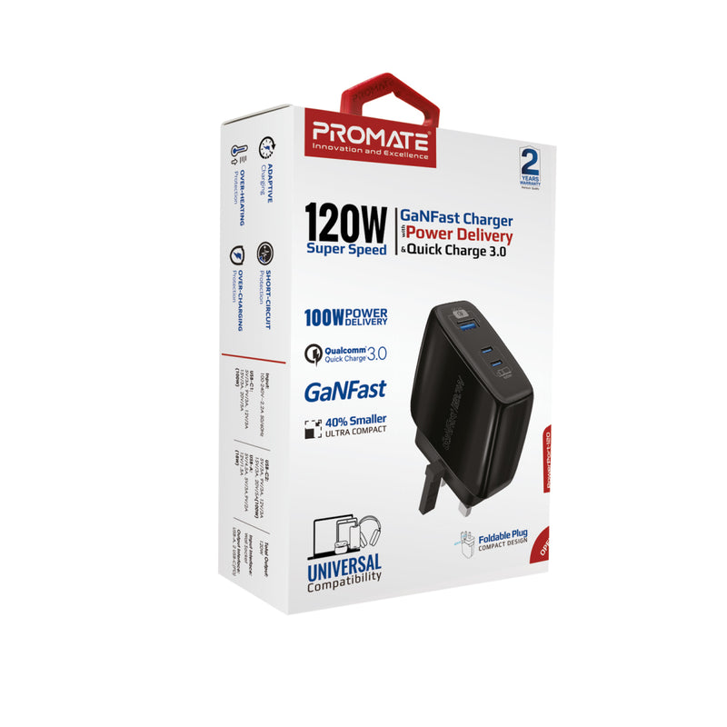 Promate 120W Super-speed GaNFast™ Charger with Power Delivery & Quick Charge 3.0 (POWERPORT-120.BLACK)