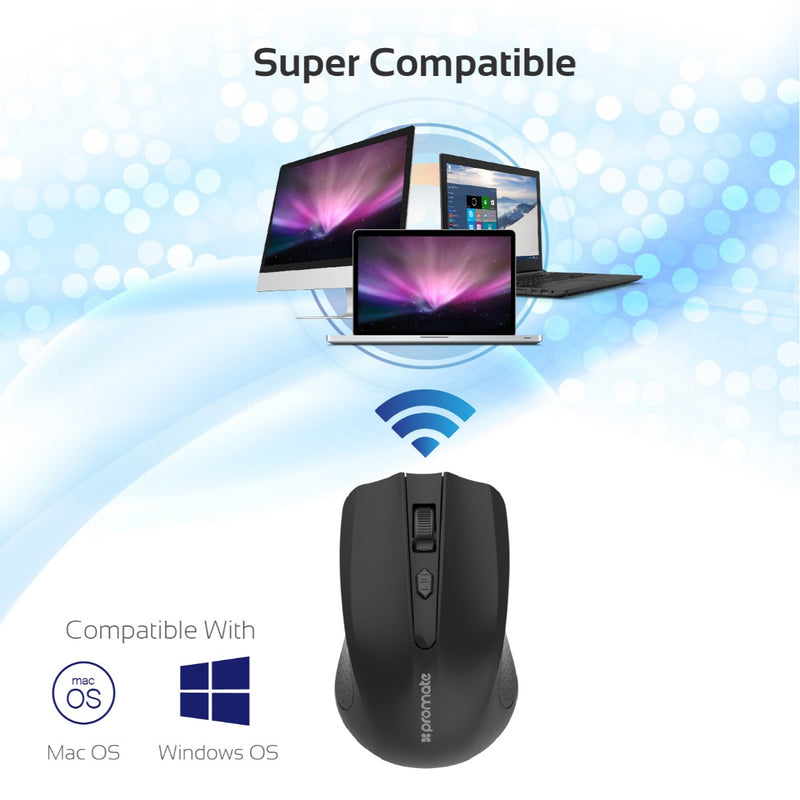 Promate 2.4GHz Wireless Ergonomic Optical Mouse CLIX-8.BLACK