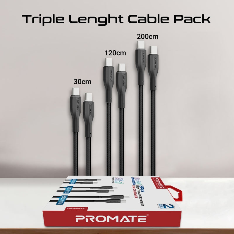 Promate 3Pcs High Tensile Strength Data & Charge USB-C Cable kit (CableKit-CC)