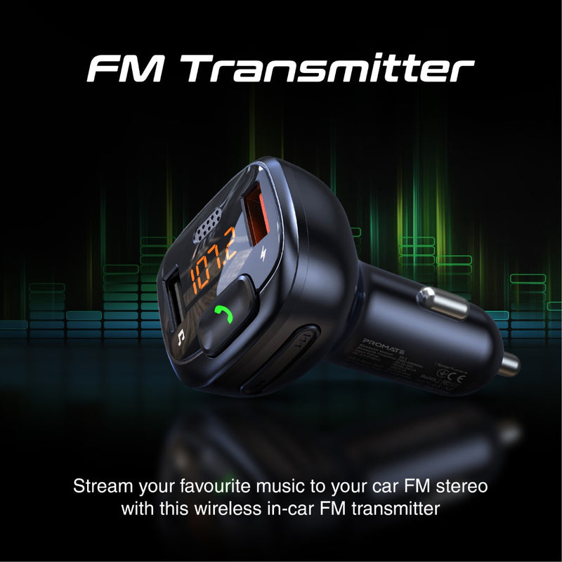 Promate Car FM Transmitter Kit with Handsfree & Quick Charge 3.0 (SMARTUNE-4)