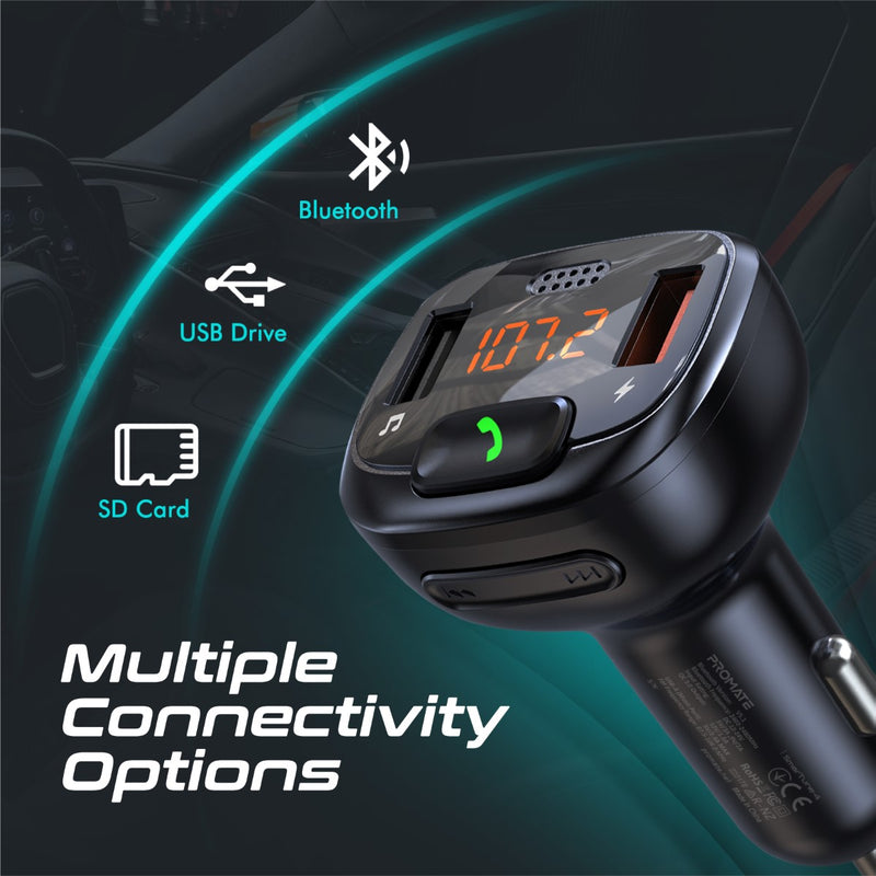 Promate Car FM Transmitter Kit with Handsfree & Quick Charge 3.0 (SMARTUNE-4)