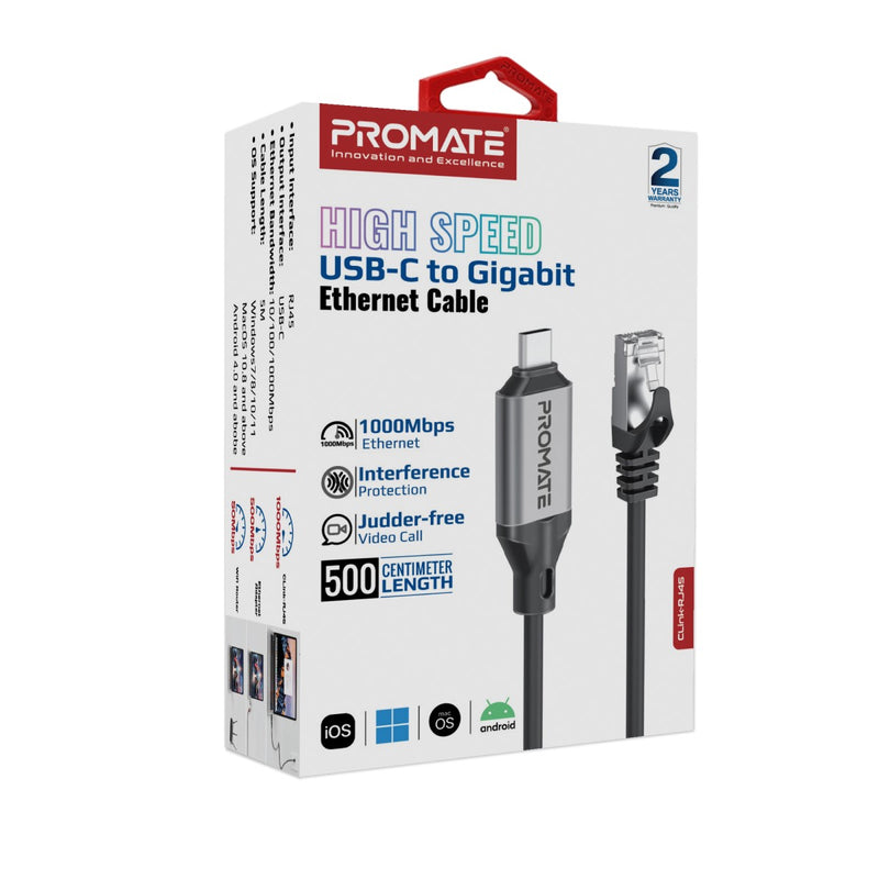 Promate High-Speed USB-C to Gigabit Ethernet Cable (Clink-RJ45)