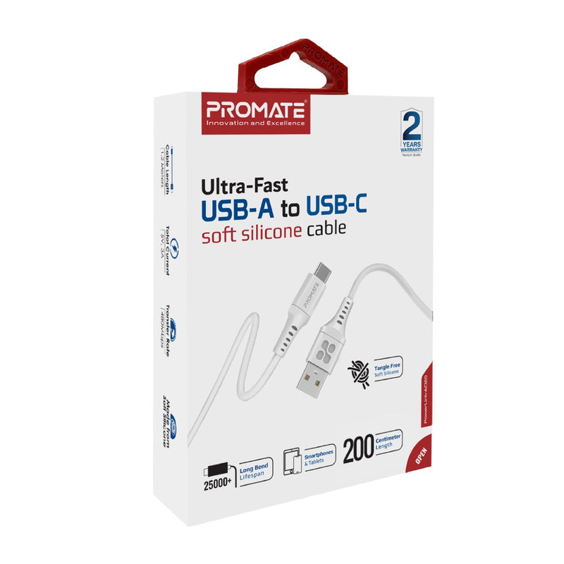 Promate Ultra-Fast USB-A to USB-C Soft Silicone cable (PowerLink-AC200)