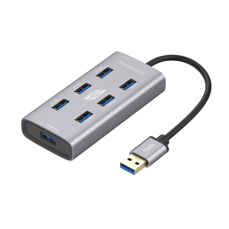 Promate Aluminium Alloy Powered USB Hub • 7 USB 3.0 Ports • USB-C Adaptor • 5Gbps Transfer Rate • Data & Charge EZHUB-7