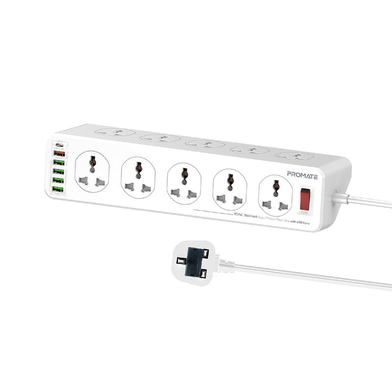 Promate 10AC Socket Space Efficient Power Strip with USB Ports POWERMATRIX-5M.UK