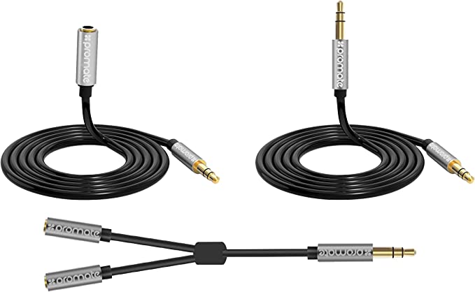 Promate AUXKIT.BLACK 3‐in‐1 Auxiliary cable kit with 3.5mm Audio Cable, Audio Cable Splitter and Audio Cable Extender