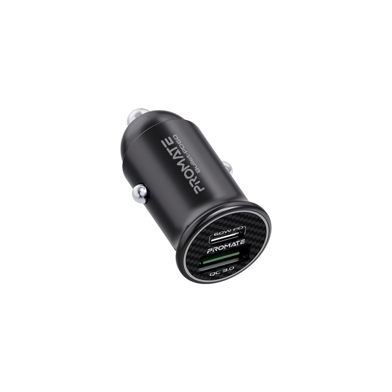Promate RapidCharge™ Mini Car Charger with 60W Power Delivery & Quick Charge 3.0 (Bullet-PD60)