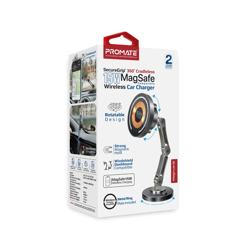 Promate MAGNUS-QI SecureGrip ™ 360° Cradleless 15W Magsafe Compatible Wireless Car Charger