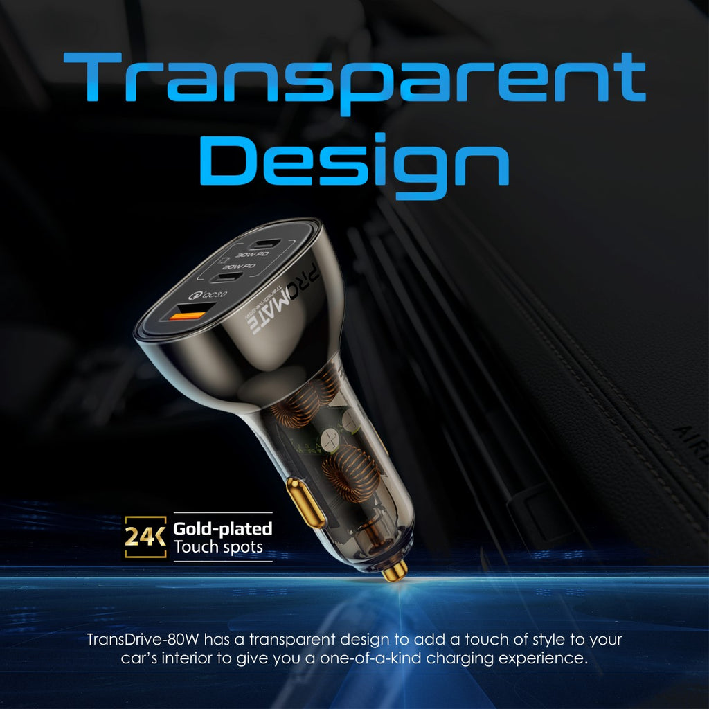 Promate Car Charger TRANSDRIVE-80W Multi-Port Transparent with QC 3.0 & Power Delivery