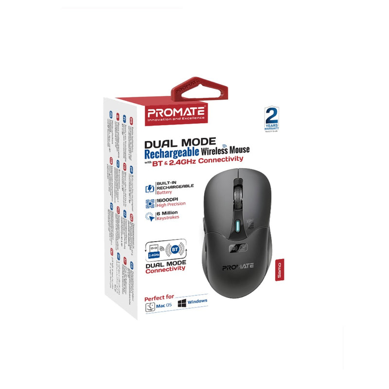 Promate Dual Mode Rechargeable Wireless Mouse with BT & RF Connectivity SAMO.BLACK