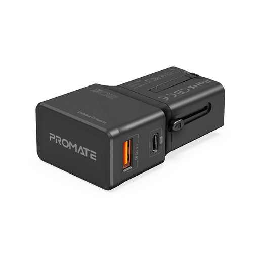 [PRO-CC-TriPlug-PD20.BLACK] Promate Sleek Universal Travel Adapter with 20W Power Delivery & Quick Charge 3.0 (TriPlug-PD20.BLACK)