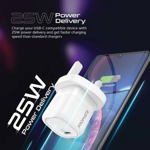 [PRO-CH-POWERPORT-25.UK-WT] Promate POWERPORT-25.UK-WT 25W Power Delivery USB-C Wall Charger