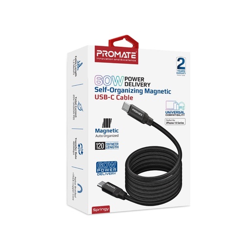 [PRO-CABLE-SPRINGY.BLACK] Promate 60W Power Delivery Self-Organizing Magnetic USB-C Cable SPRINGY.BLACK