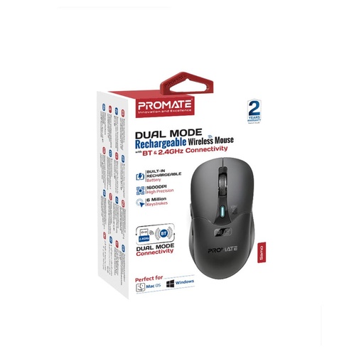 [PRO-MOUSE-KEN.WHITE] Promate Dual Mode Rechargeable Wireless Mouse with BT & RF Connectivity KEN.WHITE